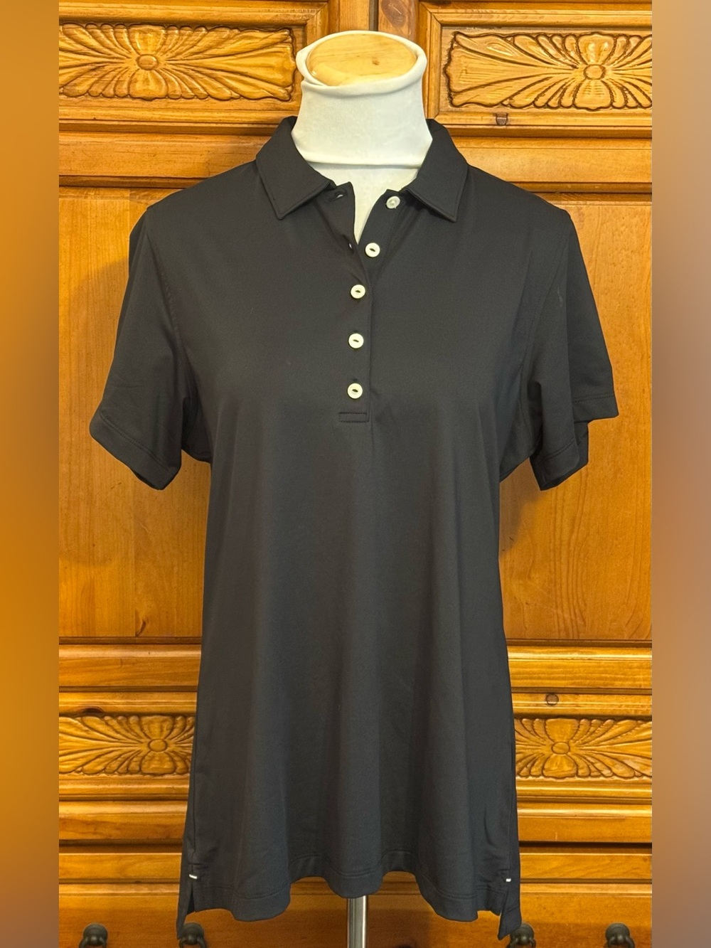 Peter Millar Black Short-Sleeve Button-Front Polo with Contrast Buttons